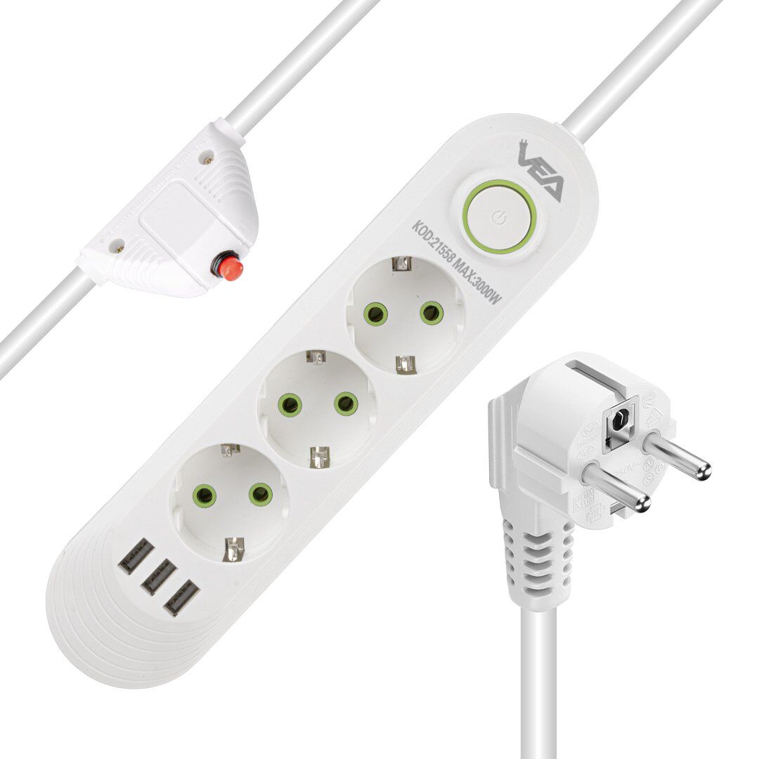 Vea VA-21558 3'lü 3 USB'li 1.5 Metre Akım Korumalı Priz