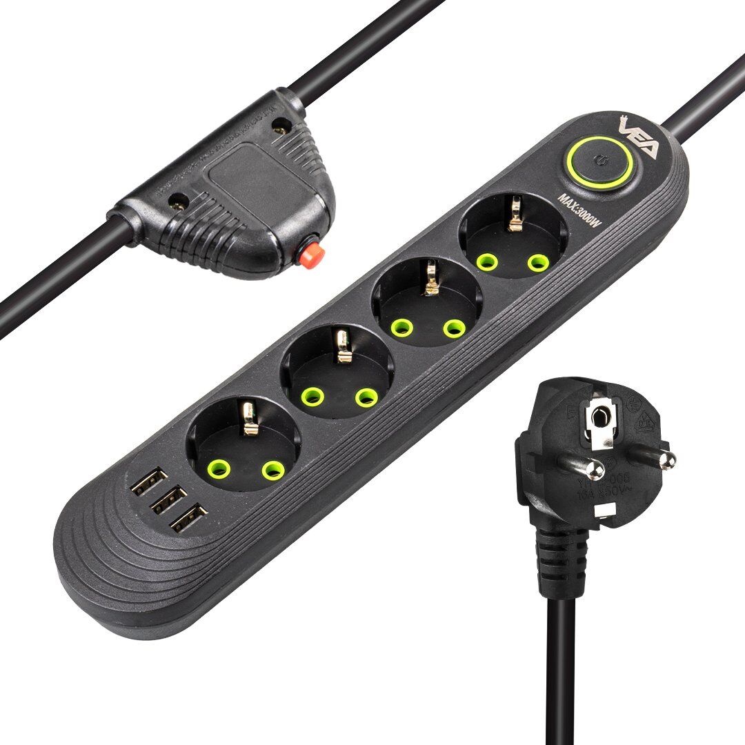 Vea VA-21559 4'lü 3 USB'li 1.5 Metre Akım Korumalı Priz