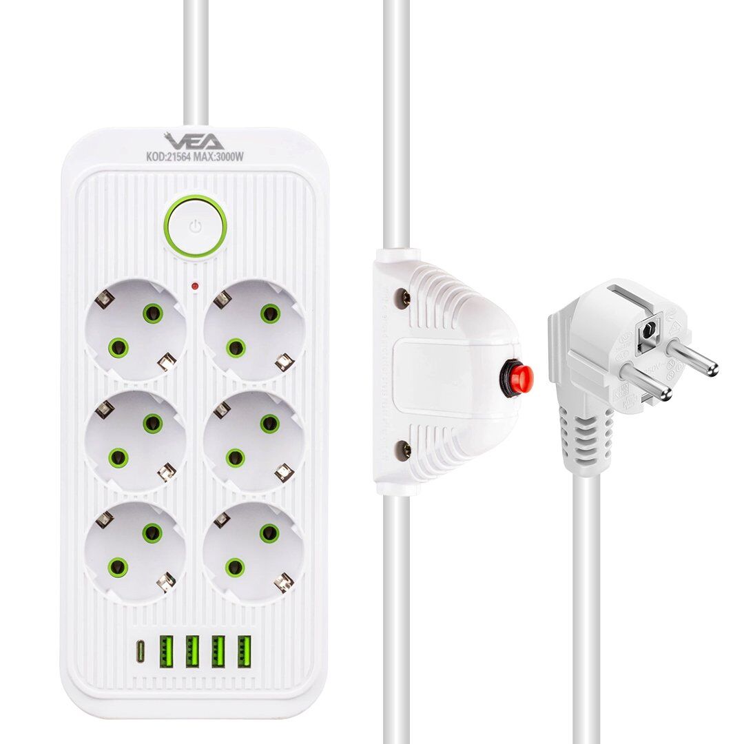 Vea VA-21564 6'lı 4 USB'li 1.5 Metre Akım Korumalı Priz