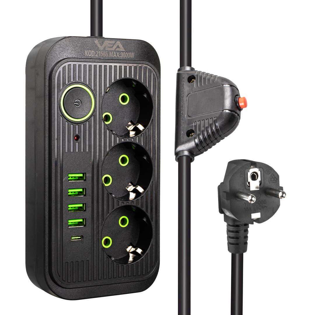 Vea VA-21565 3'lü 4 USB'li 1.5 Metre Akım Korumalı Priz