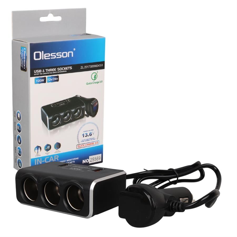 Olesson 1639 12-24V 120 Watt 3'Lü Araç Çakmak Çoklayıcı