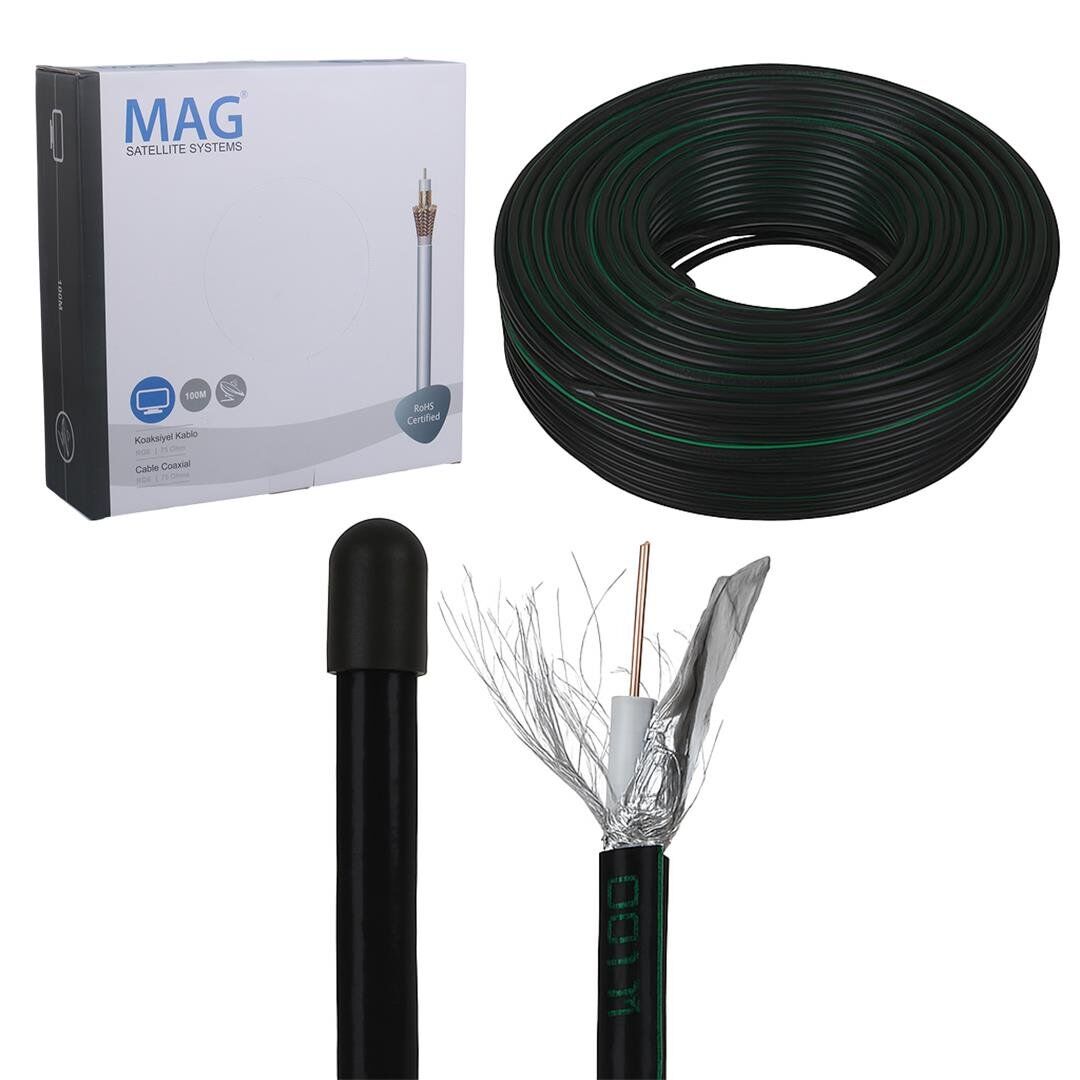 Mag Rg6/U6 Bakır Cu/Cu 80 Tel Siyah 100 Metre Anten Kablosu