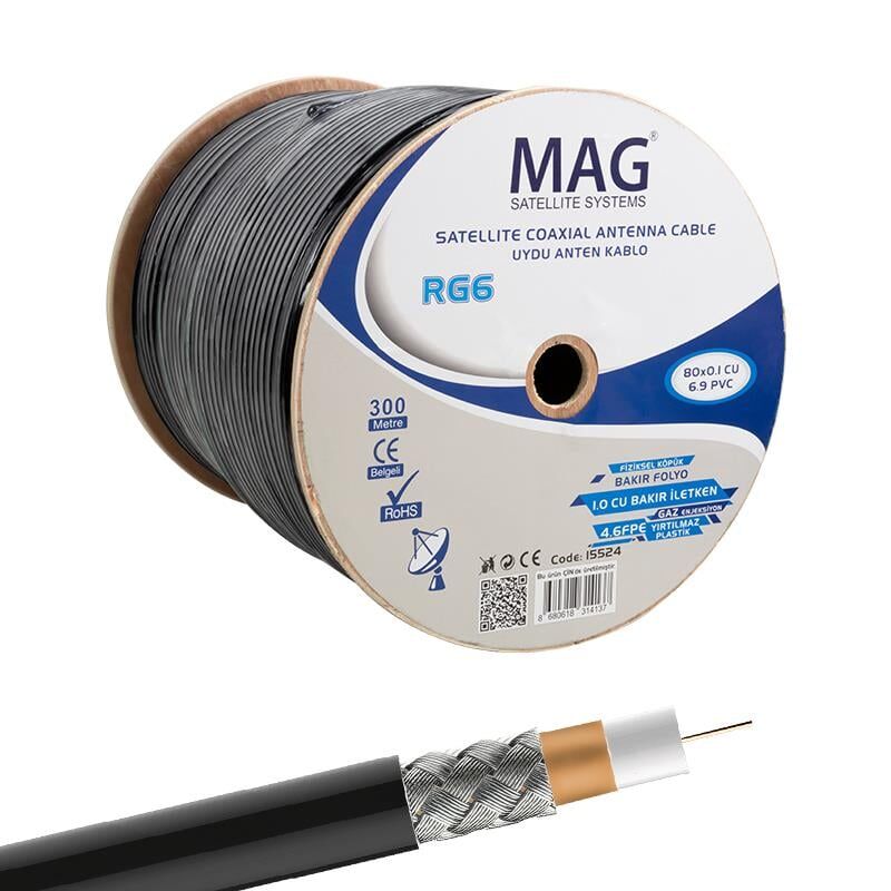 Mag RG6-U6 Cu-Cu Bakır 300 Metre Yeşil Anten Kablo