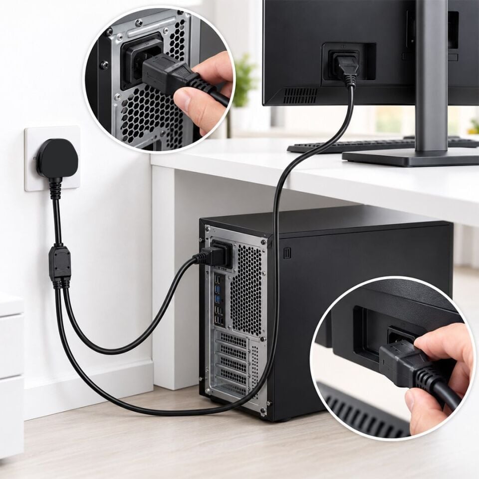 Powermaster PM 38801 UK Fişli Çift Iec C13 Çıkışlı 1.8 Metre PC Güç Kablosu