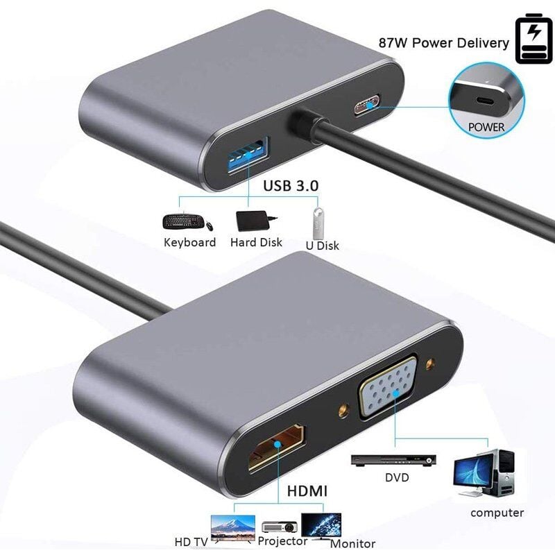Powermaster PM-4026 Usb Type-C To HDMI-Vga-Usb-Type C 4in1 Adaptör