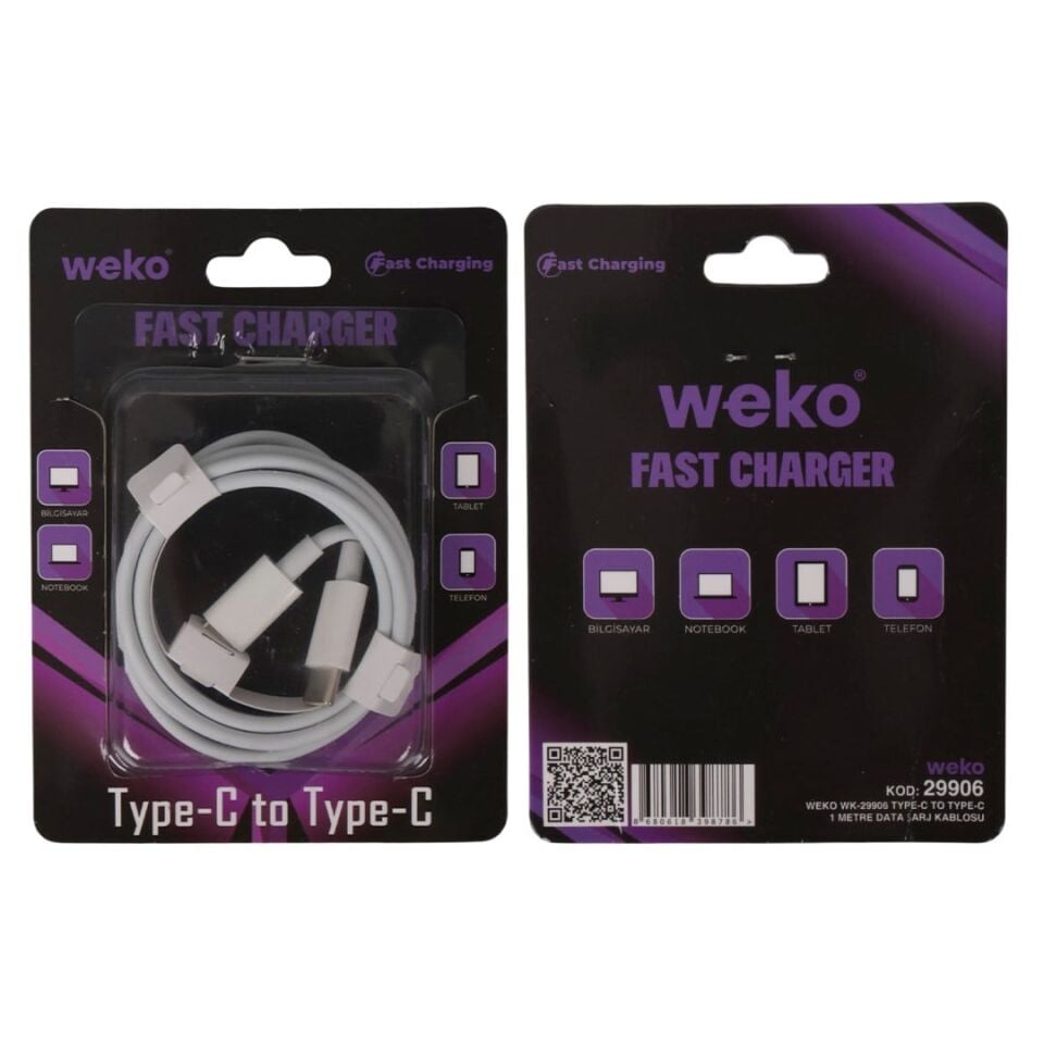 Weko WK-29906 Beyaz 1 Metre Type-C To Type-C Şarj - Data Aktarım Kablosu
