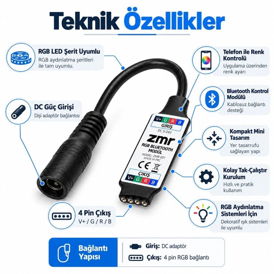 ZMR 665 Bluetooth 12V 24V 12A RGB Şerit LED Dimmer Kontrol Cihazı