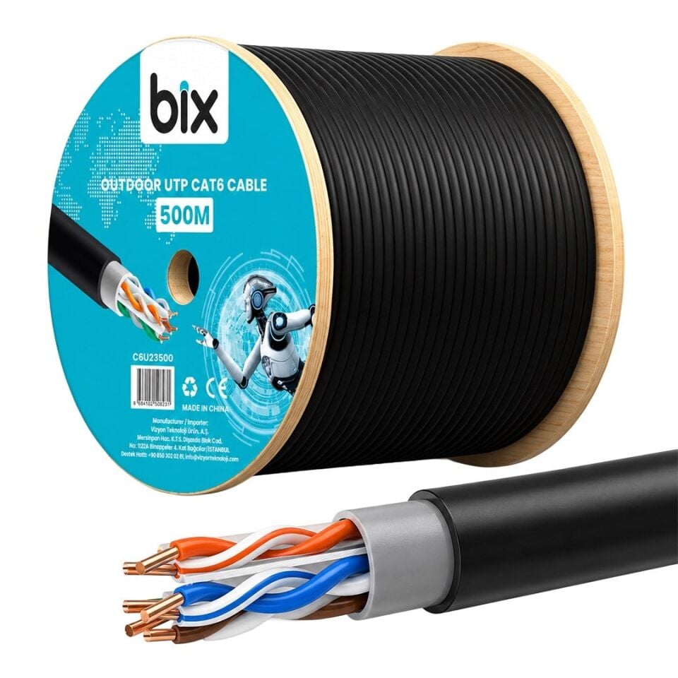 Bix C6U23500O Siyah 23 AWG 0.57Mm 500 Metre Dış Mekan CAT6 Kablo