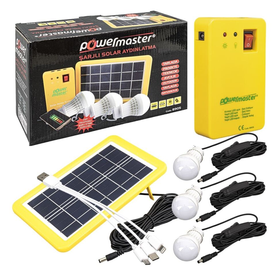 Powermaster PM-8905 Çok Uçlu 3 Ampullü Solar Aydınlatma Seti
