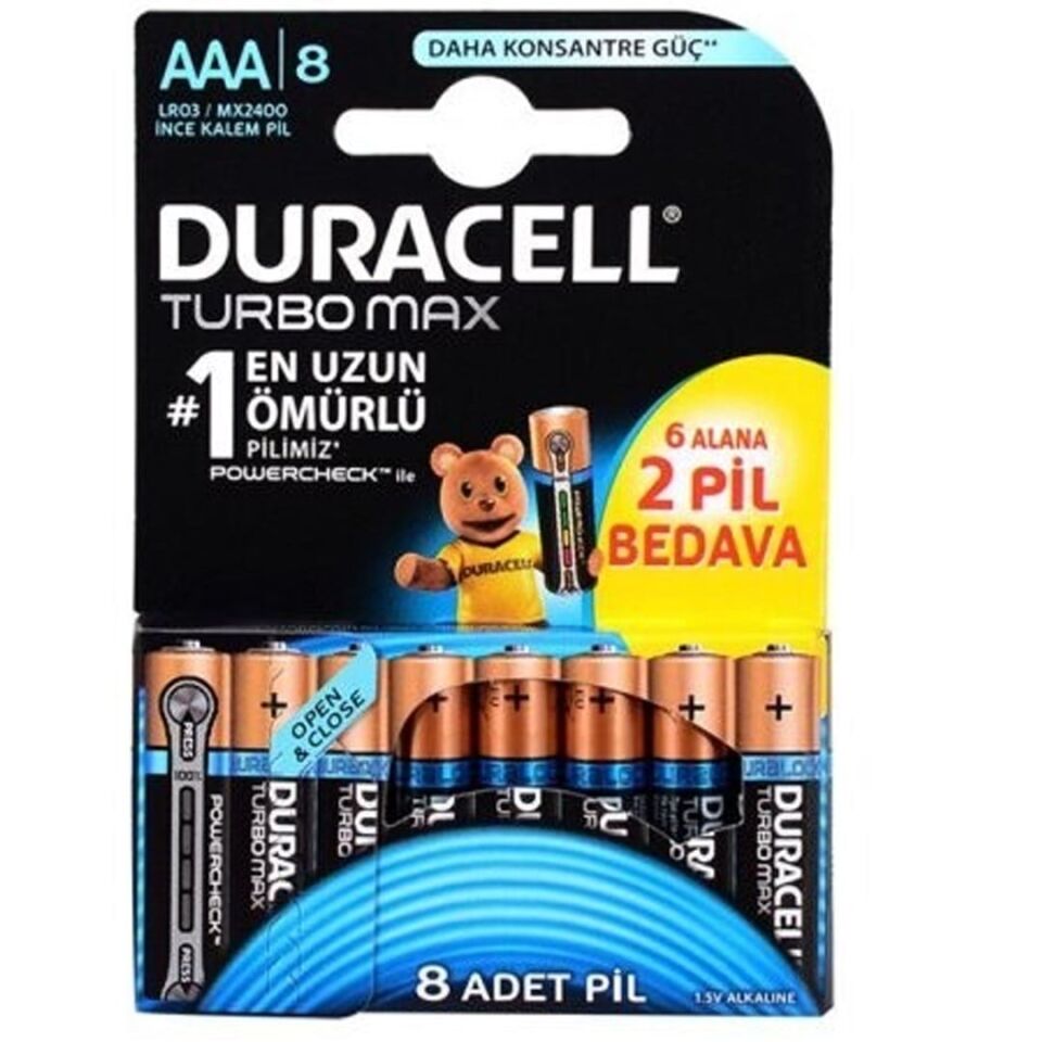 Duracell Turbo Max Alkalin LR03 1.5V AAA İnce 8'Li Pil 