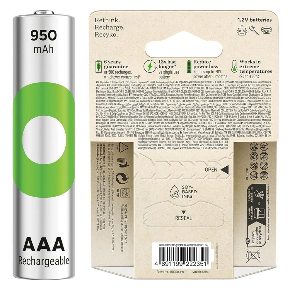 GP ReCyko 950mAh AAA İnce Kalem Şarjlı Pil (6'lı Paket)