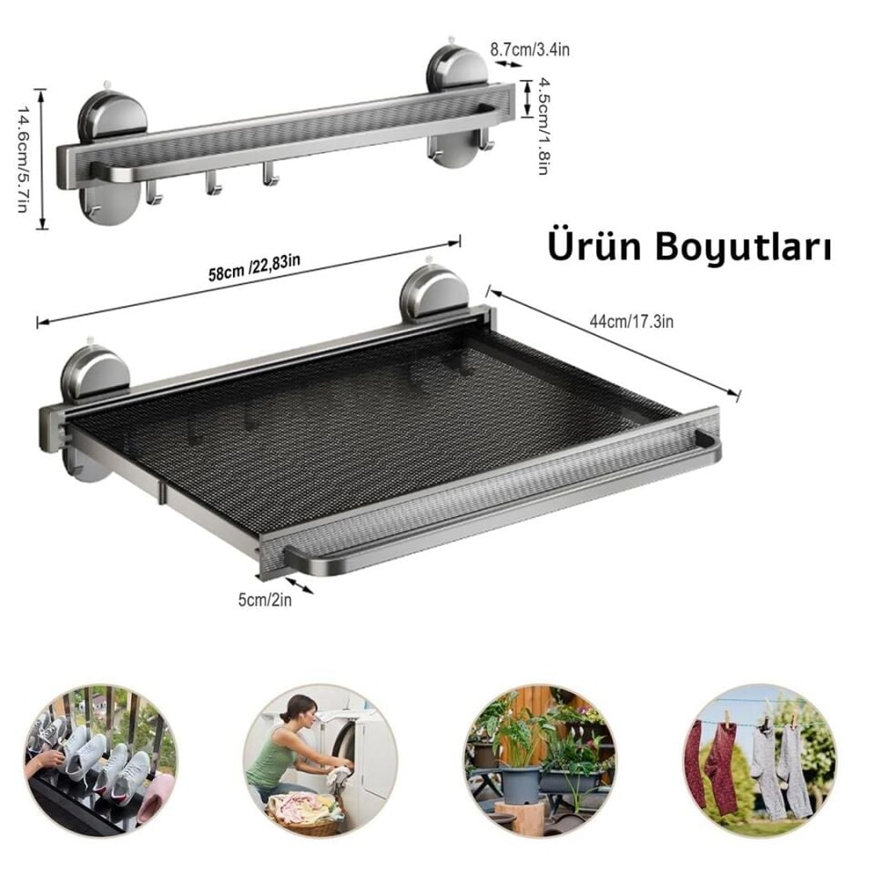 Sunup SN-26733 Duvara Monte Vantuzlu Katlanır Masa Çamaşır Rafı