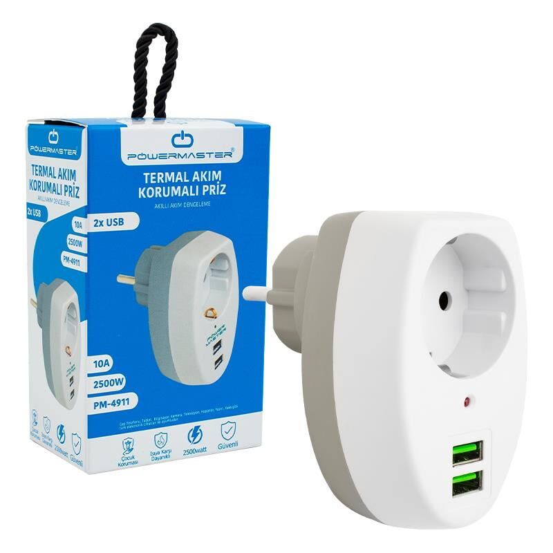 Powermaster PM-4911 2 Usb Girişli Tekli Termal Priz