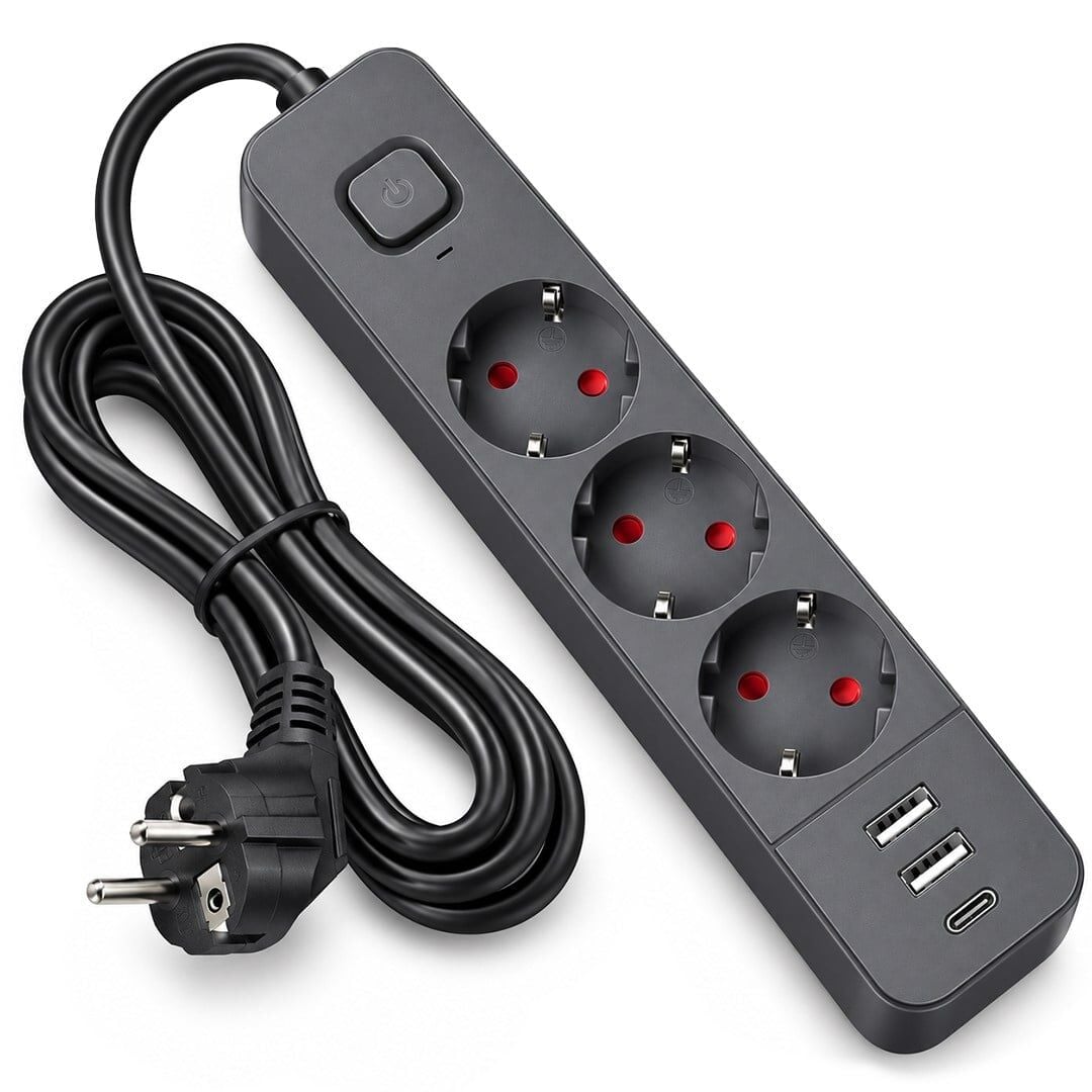 S-Link SPG03U 2 Usb + 1 Type C 5V2.4A 3X1.0Mm Bakır 1.5M Kablo 750 Joule 3'Lü Anahtarlı Siyah Akım Korumalı Priz