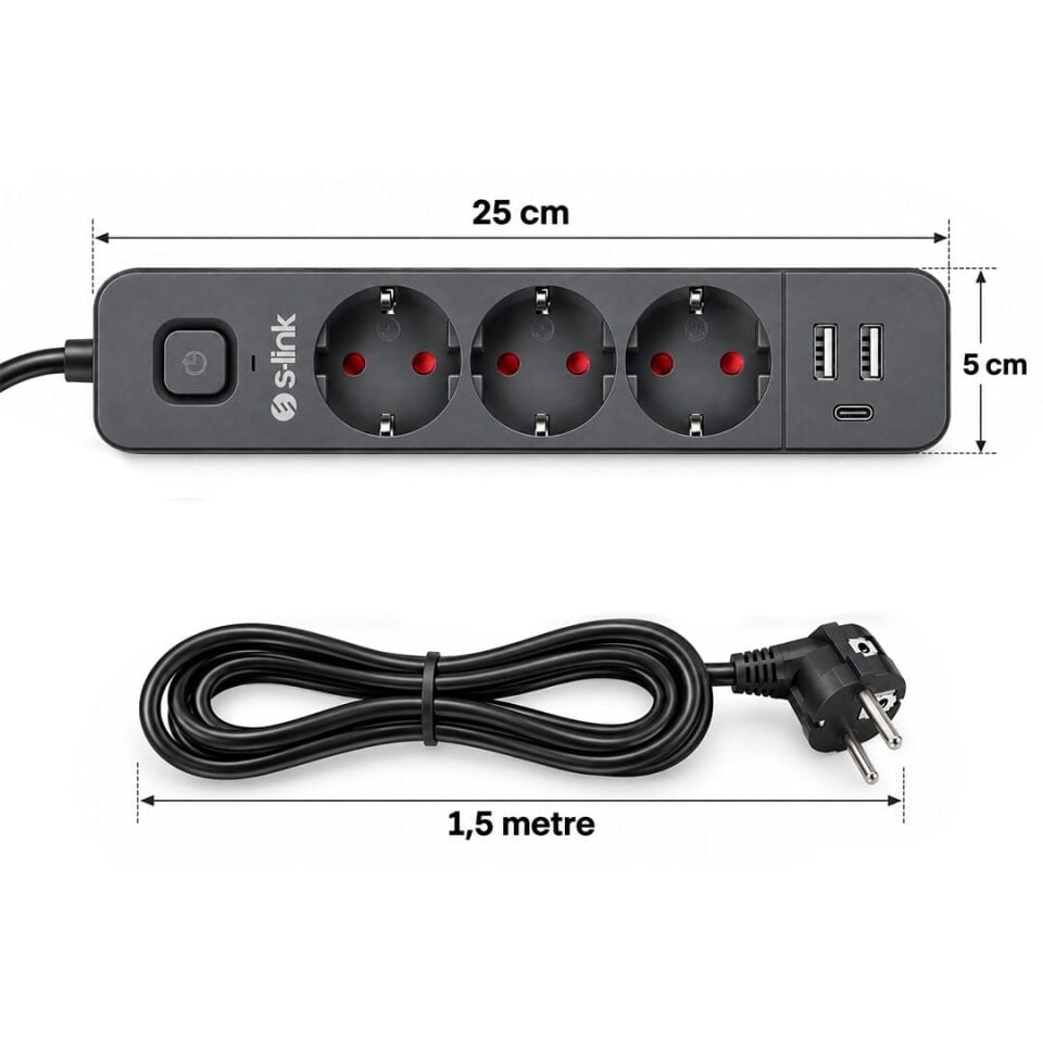 S-Link SPG03U 2 Usb + 1 Type C 5V2.4A 3X1.0Mm Bakır 1.5M Kablo 750 Joule 3'Lü Anahtarlı Siyah Akım Korumalı Priz