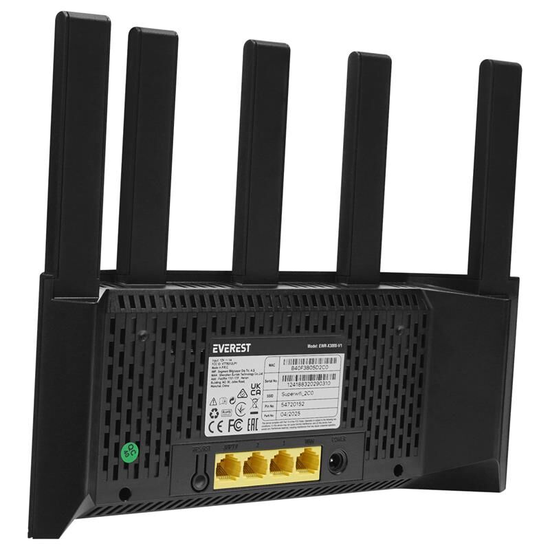 Everest EWR-X3000MBPS-V1 X3000mbps Dualband 5*6Dbi 1 Wan Port + 3 Lan Port Wi-Fi 6 Wisp+Ap+Repeater Destekli Kablosuz Wifi Router