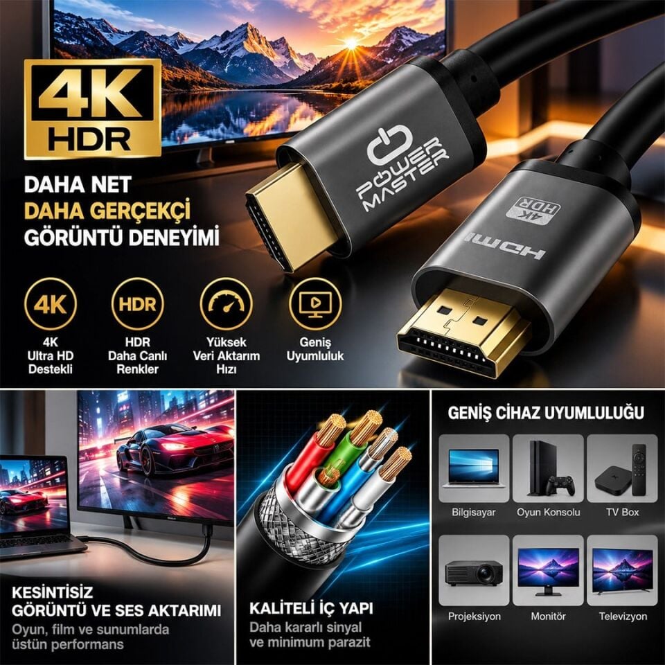 Powermaster PM-39202 1.5 Metre 4K 60Hz Metal Başlıklı HDMI Kablo