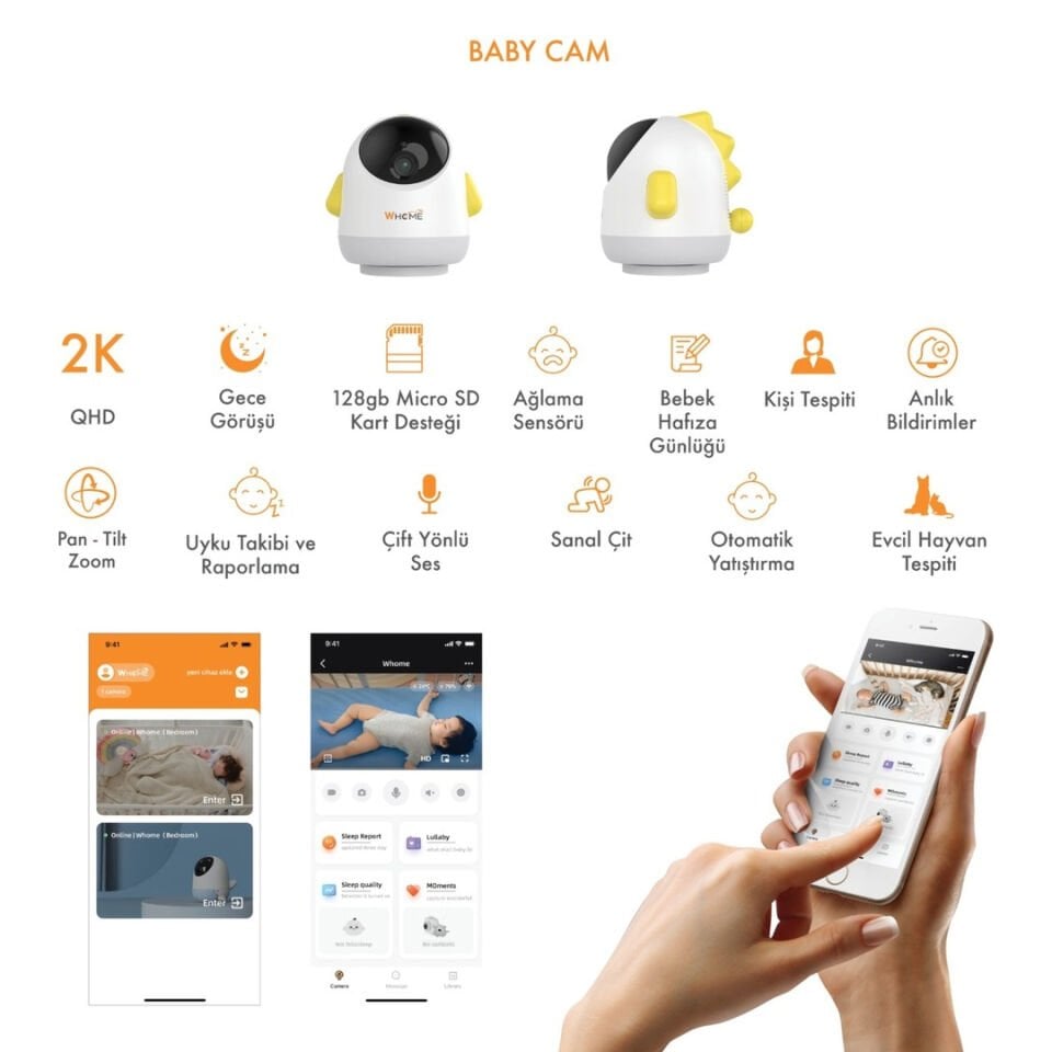 Whome 360° AI Gece Görüşlü Sarı WiFi Bebek Kamerası