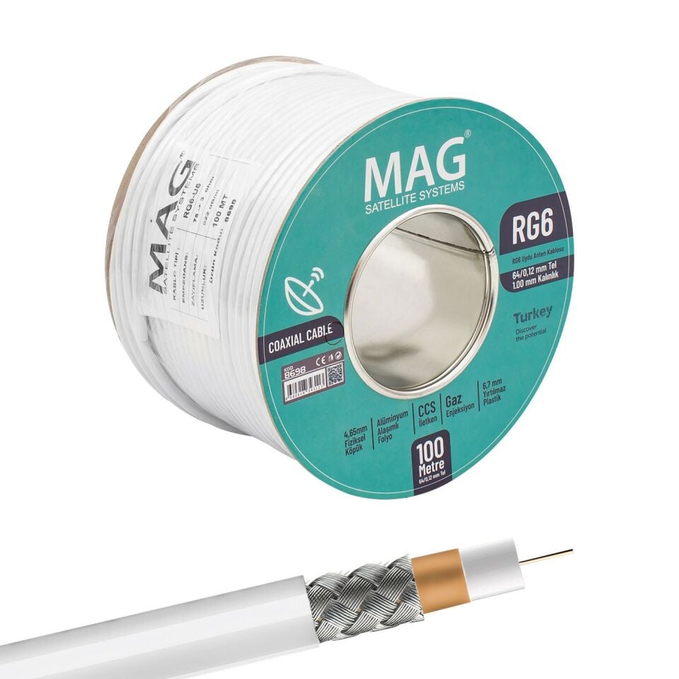 Mag Rg6/U6 1.00 Mm Ccs Makaralı 64*0.12 Tel Anten Kablosu