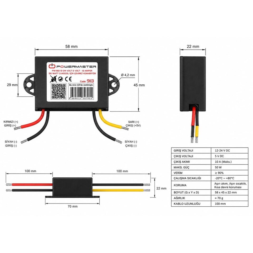 Powermaster PM-9113 12-24V Giriş 5V 10A 50W DC-DC Konvertör