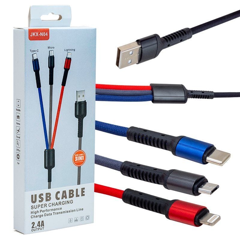 Powermaster JKX-44 Usb To Micro Usb Type-C Lightning 3’lü 2.4 Amper Şarj Kablosu