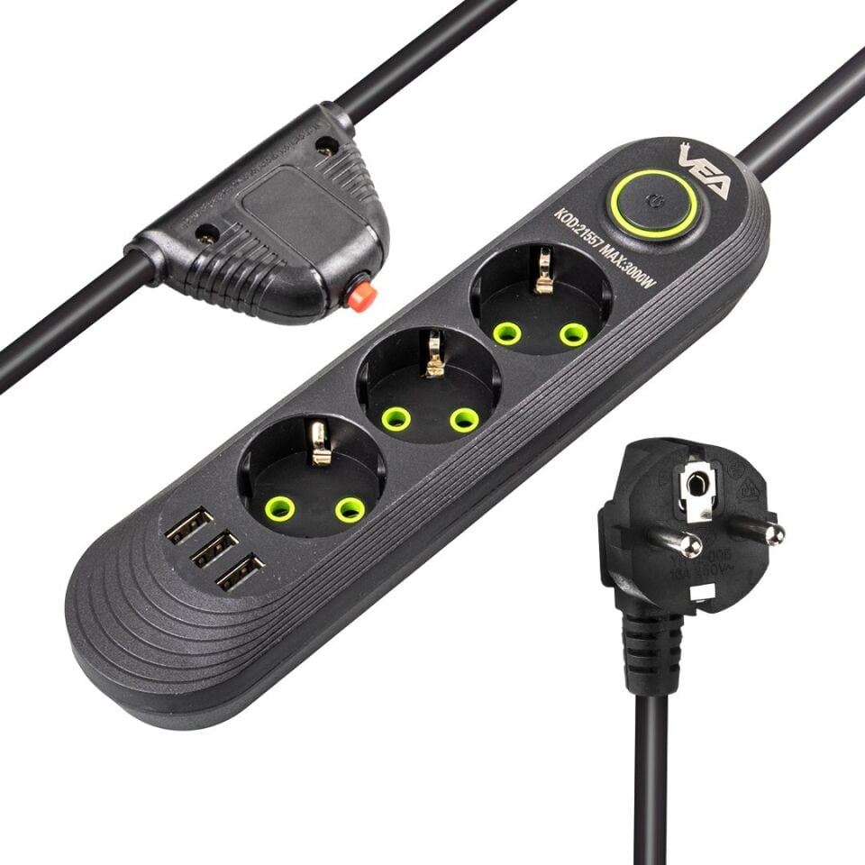 Vea VA-21557 3'lü 3 USB'li 1.5 Metre Akım Korumalı Priz