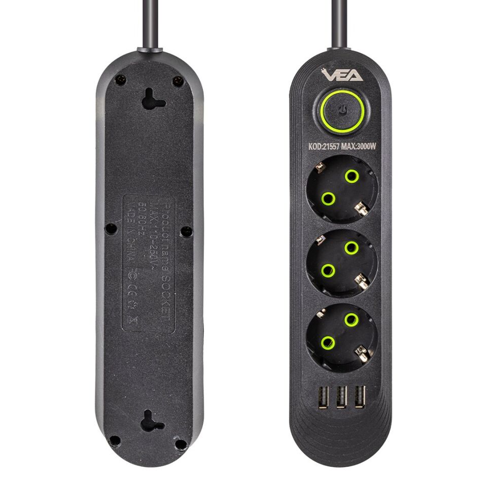 Vea VA-21557 3'lü 3 USB'li 1.5 Metre Akım Korumalı Priz
