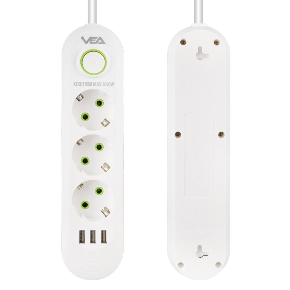 Vea VA-21558 3'lü 3 USB'li 1.5 Metre Akım Korumalı Priz