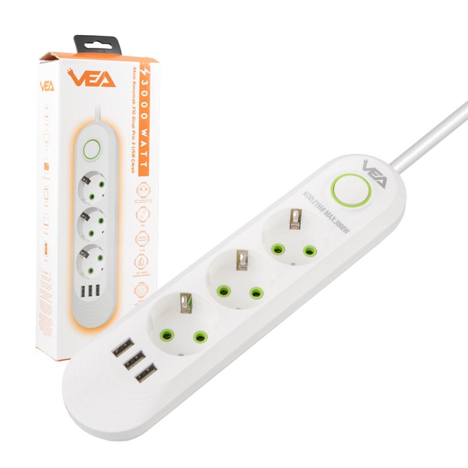 Vea VA-21558 3'lü 3 USB'li 1.5 Metre Akım Korumalı Priz