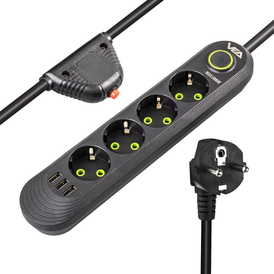Vea VA-21559 4'lü 3 USB'li 1.5 Metre Akım Korumalı Priz