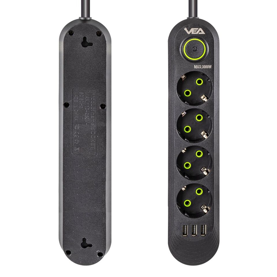 Vea VA-21559 4'lü 3 USB'li 1.5 Metre Akım Korumalı Priz