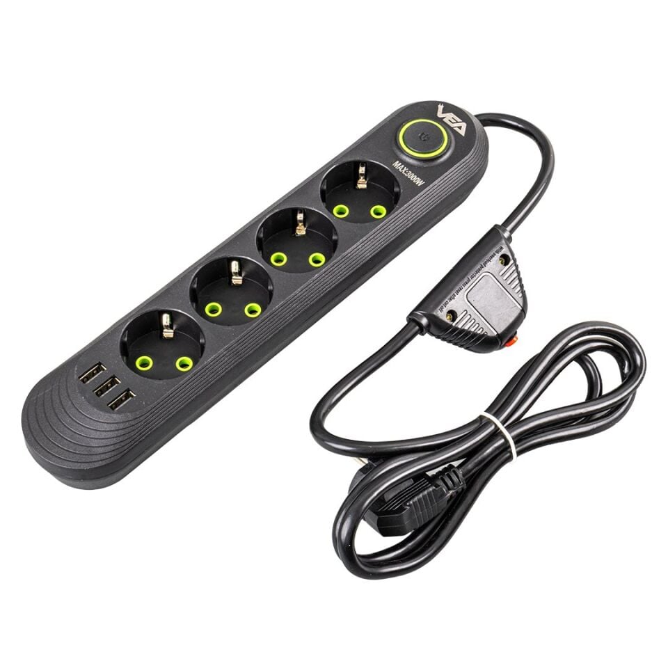 Vea VA-21559 4'lü 3 USB'li 1.5 Metre Akım Korumalı Priz