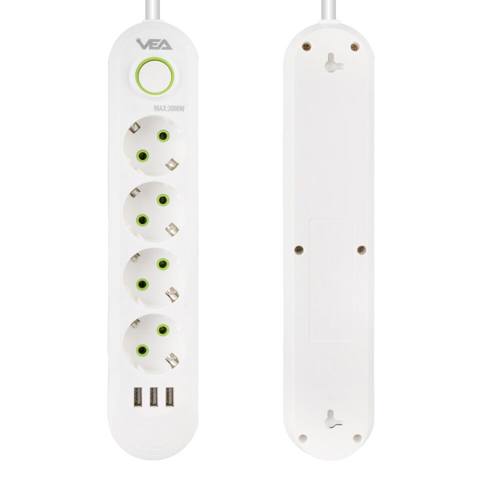 Vea VA-21560 4'lü 3 USB'li 1.5 Metre Akım Korumalı Priz