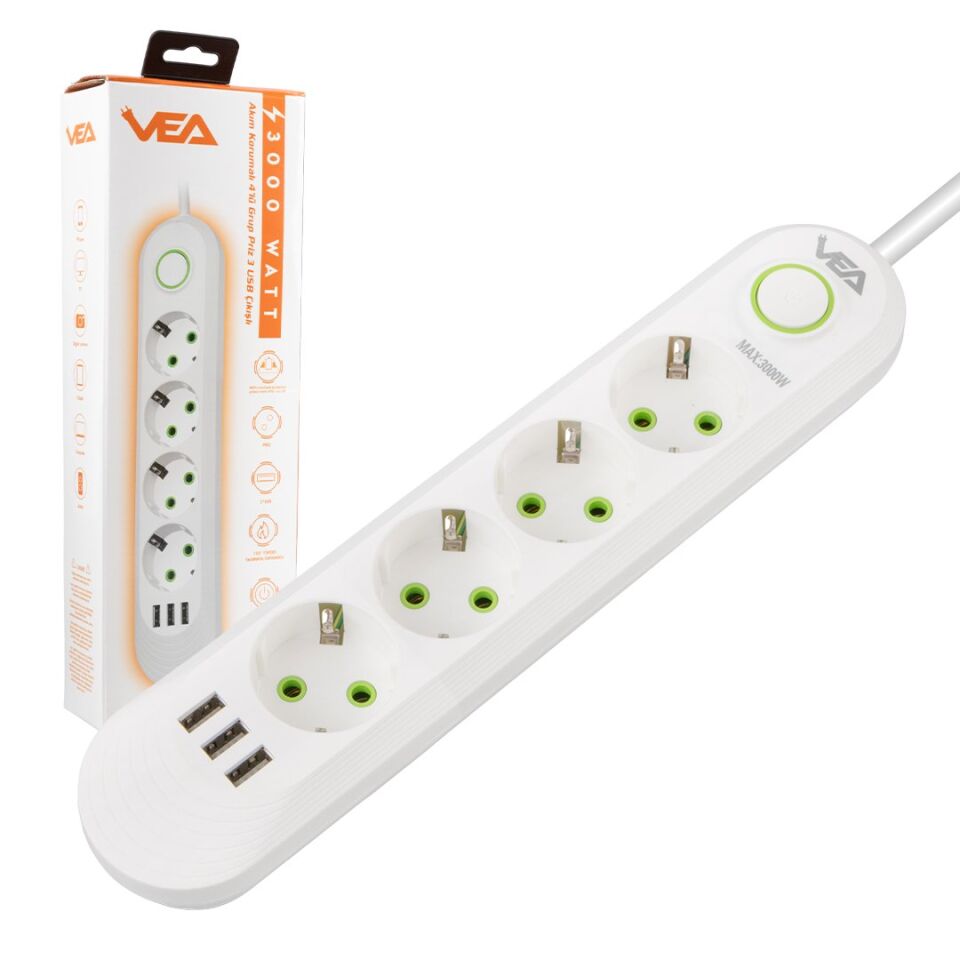 Vea VA-21560 4'lü 3 USB'li 1.5 Metre Akım Korumalı Priz