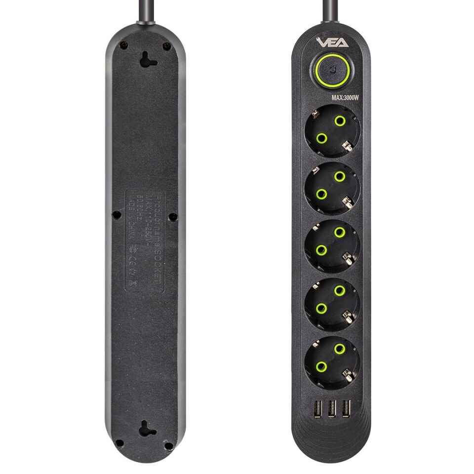 Vea VA-21561 5'li 3 USB'li 1.5 Metre Akım Korumalı Priz