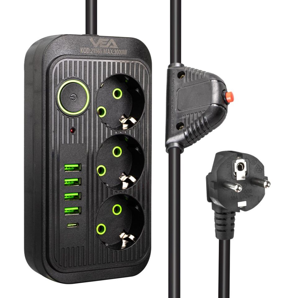 Vea VA-21565 3'lü 4 USB'li 1.5 Metre Akım Korumalı Priz