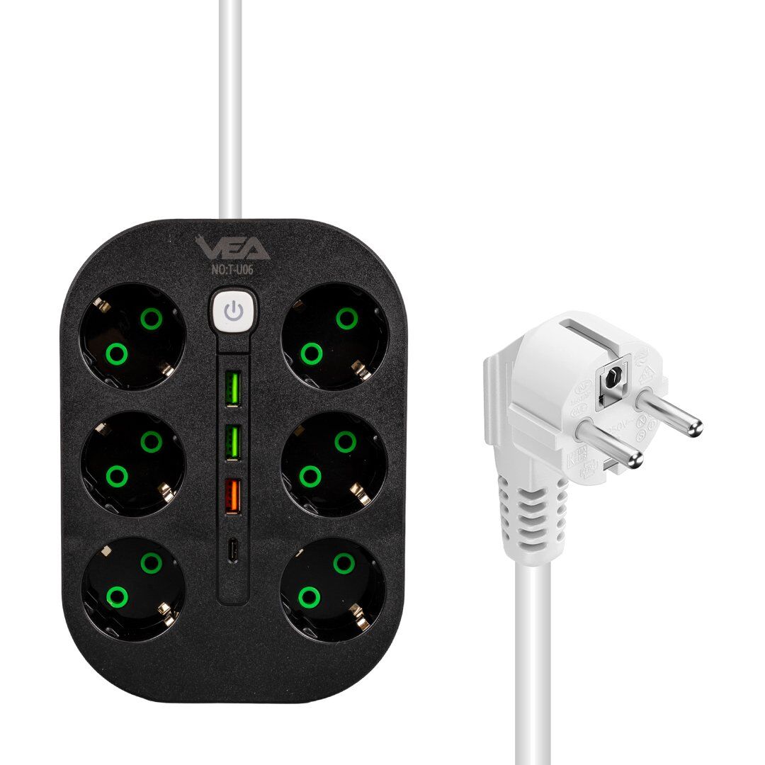 Vea VE-22399 6'lı 1.5 Metre Kablolu 3 USB'li Siyah Grup Priz