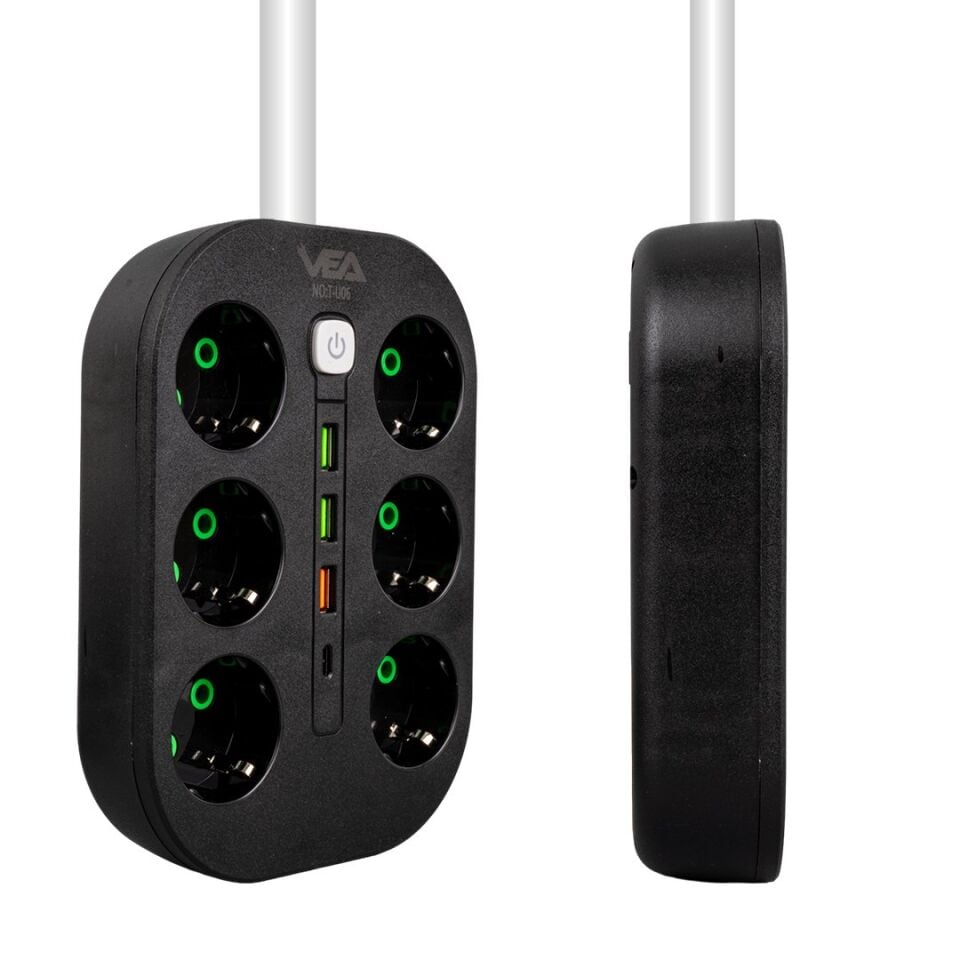 Vea VE-22399 6'lı 1.5 Metre Kablolu 3 USB'li Siyah Grup Priz