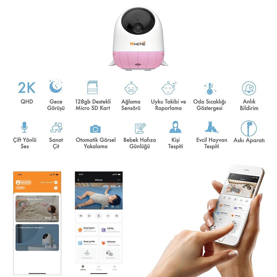 Whome 360° AI Gece Görüşlü Pembe WiFi Bebek Kamerası