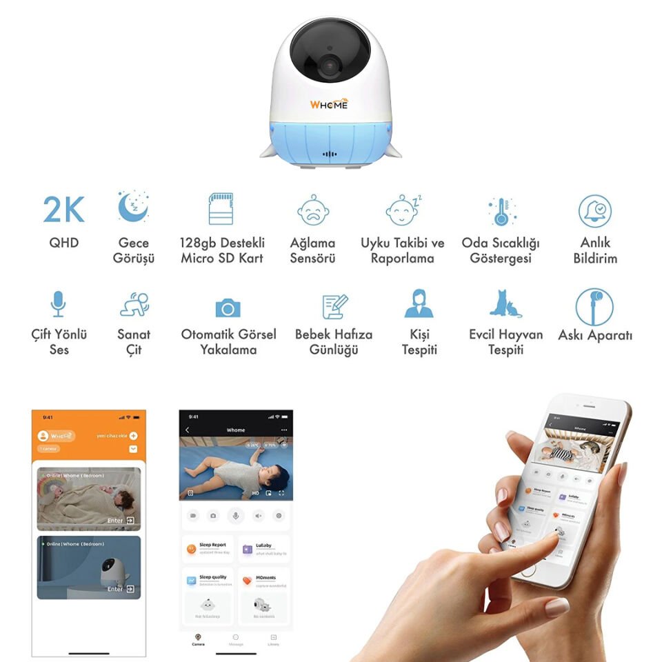 Whome 360° AI Gece Görüşlü Mavi WiFi Bebek Kamerası