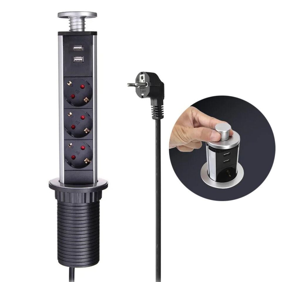 Vea VE-24062 Üçlü 1.5Metre Kablolu USB’Li 60Mm Masaüstü Priz