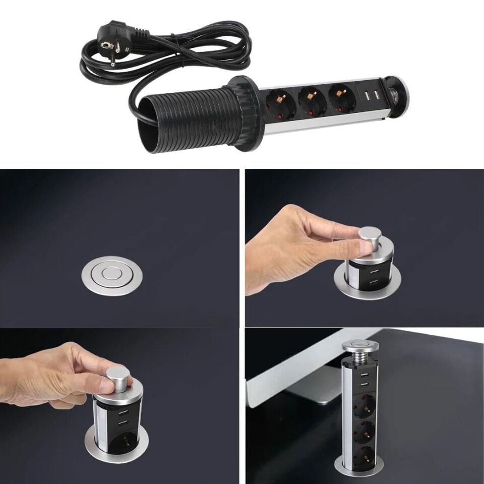 Vea VE-24062 Üçlü 1.5Metre Kablolu USB’Li 60Mm Masaüstü Priz