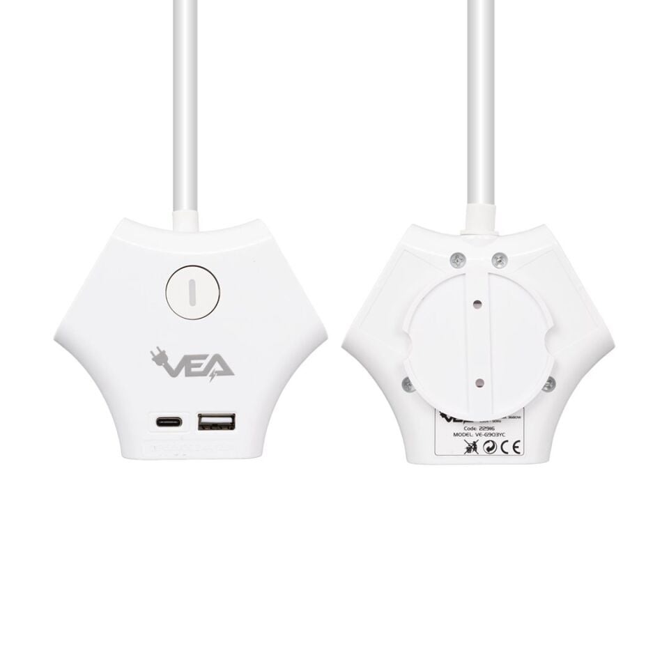 Vea VE-G903YC 3'lü USB+ Type-C Girişli Anahtarlı 1.5 Metre Grup Priz