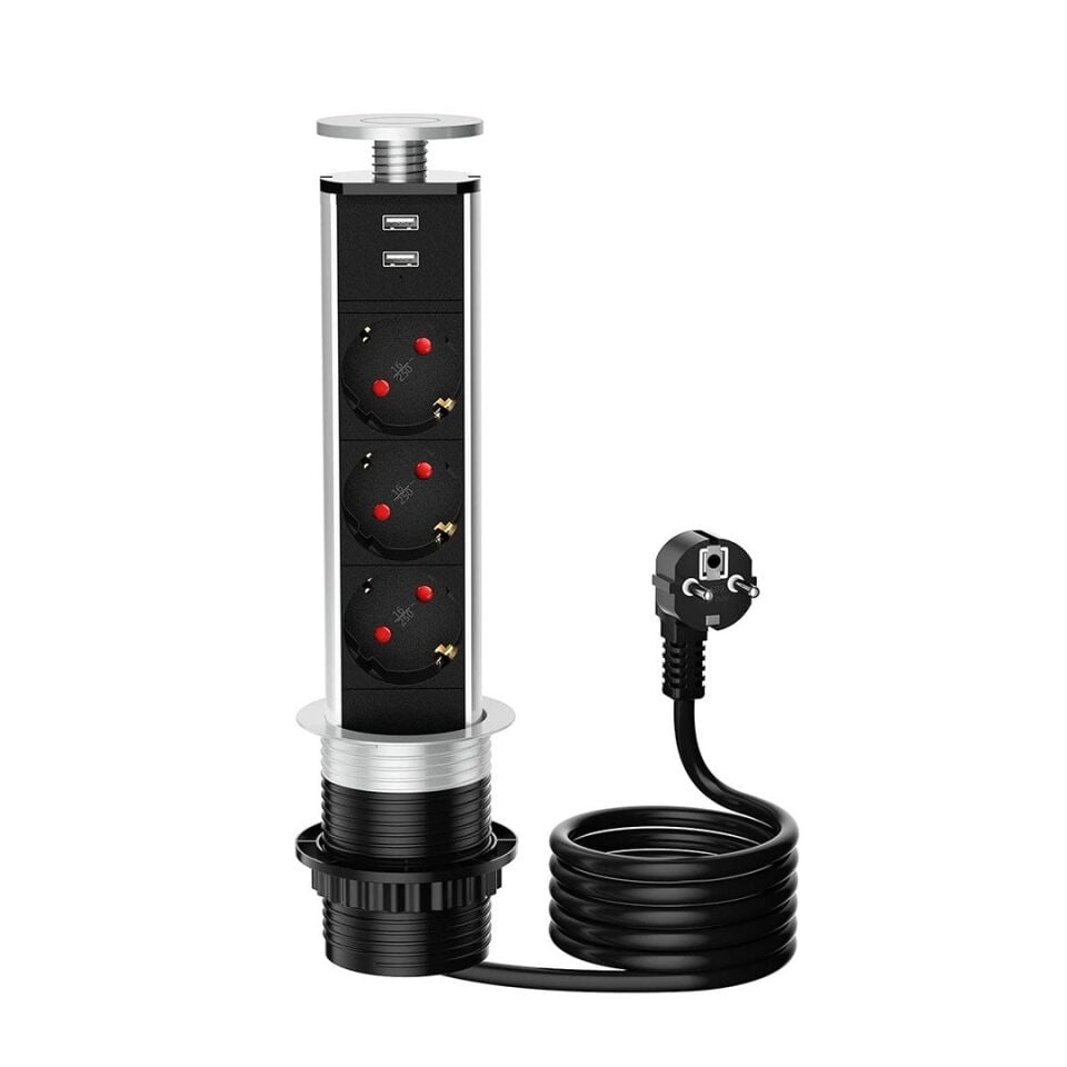 Vea VE-24063 Üçlü 1.5 Metre Kablolu İki USB’li 80mm Masaüstü Priz