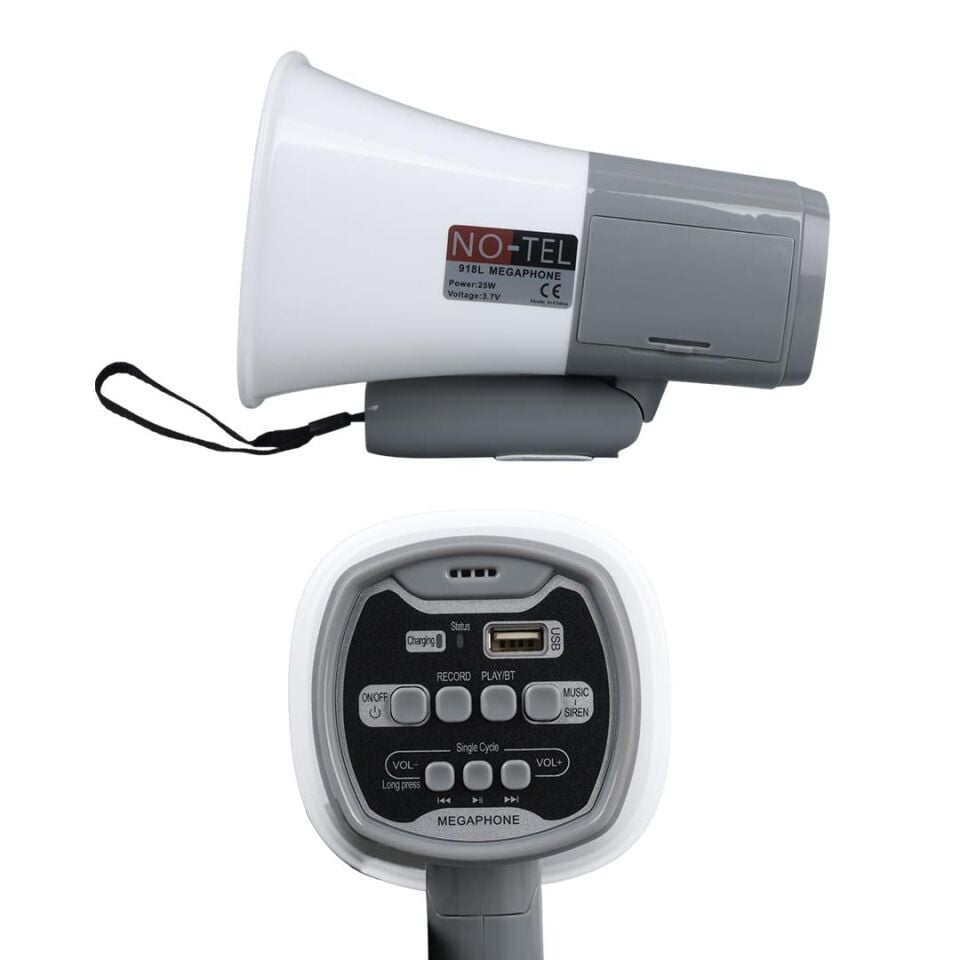 No-Tel 918L Bluetooth-Usb-Siren-Ses Kayıt Özelikli Dahili Bataryalı 25 Watt Mini El Tipi Megafon