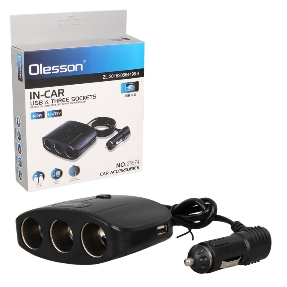 Olesson 1635 12-24V 100 Watt 3'LÜ Araç Çakmak Çoklayıcı