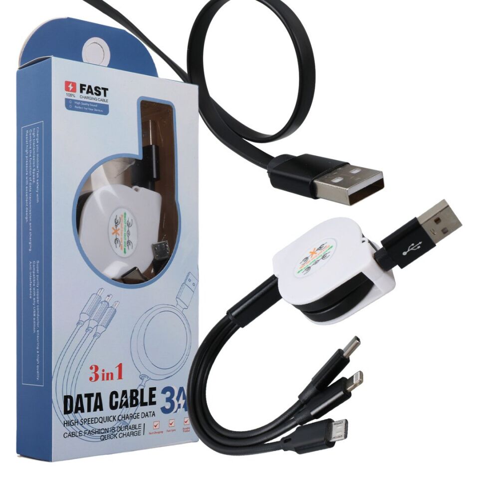 PowerMaster PM-26346 Siyah 3'ü 1 Arada Usb Şarj Kablosu