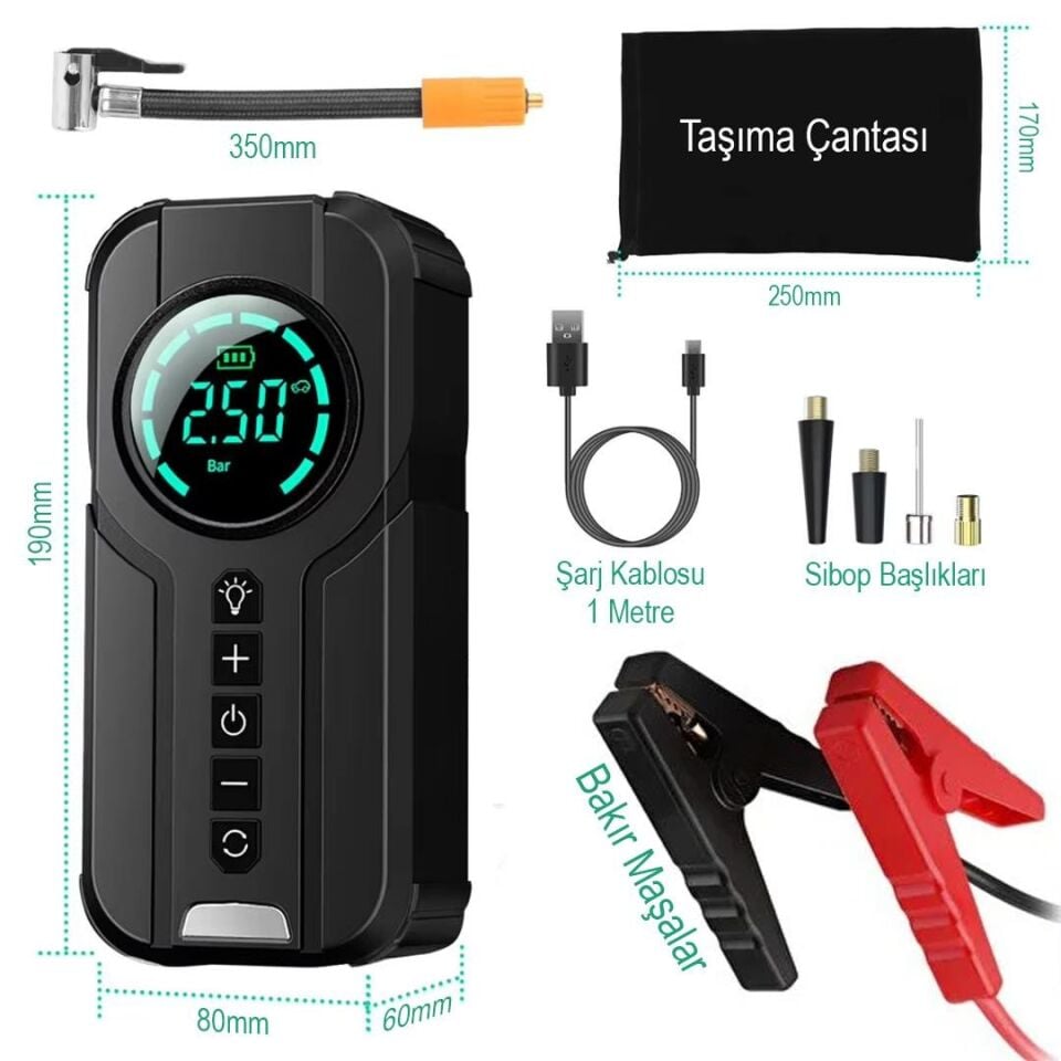 Powermaster Powerbank Araç Akü Şarj Lastik Hava Kompresörü