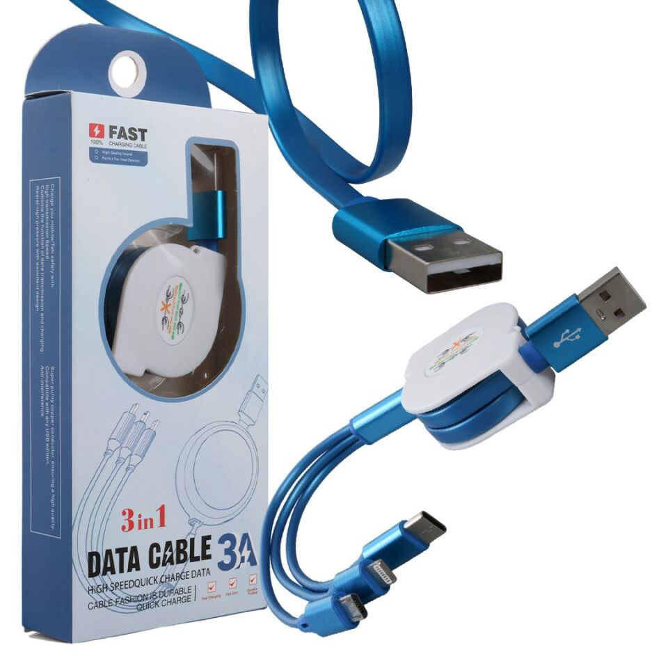 PowerMaster PM-26347 Mavi 3'ü 1 Arada Usb Şarj Kablosu