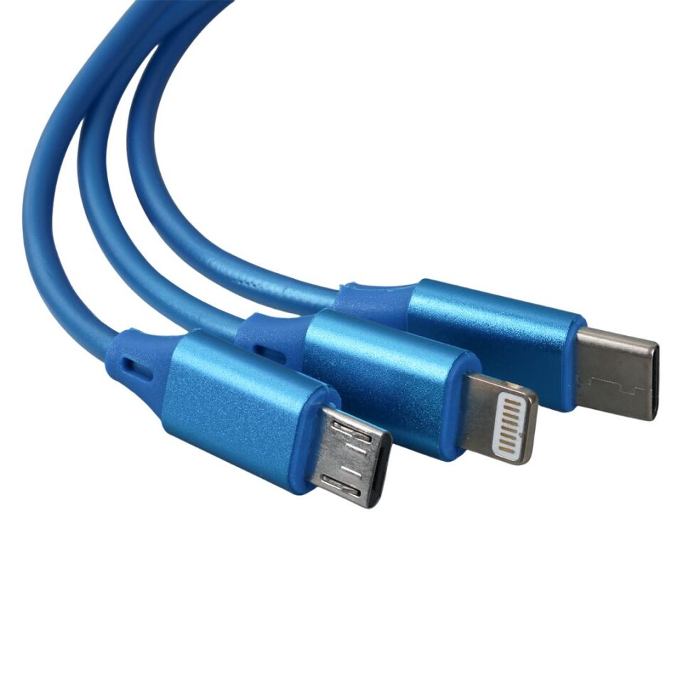 PowerMaster PM-26347 Mavi 3'ü 1 Arada Usb Şarj Kablosu